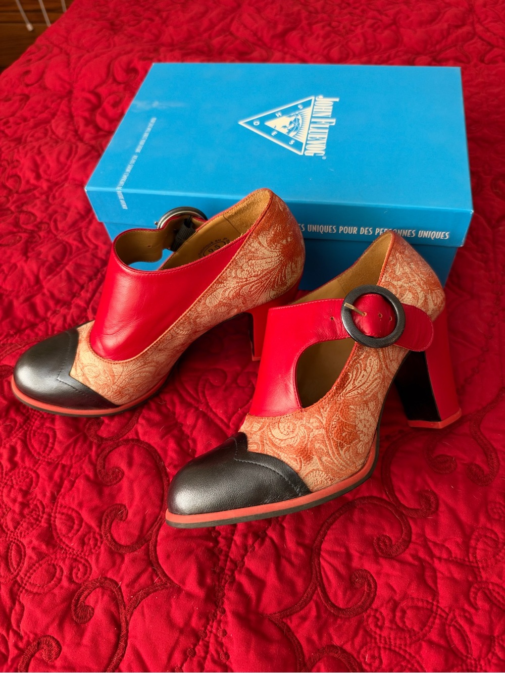 John Fluevog Attic Joyce Red Paisley Monk Strap Heels Size 9.5 w/ Box - Picture 3 of 8